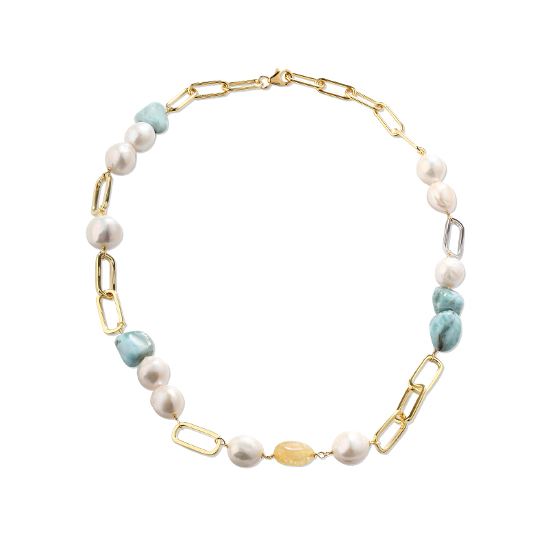 925 Sterling Silver Gemstones and Pearls Necklace