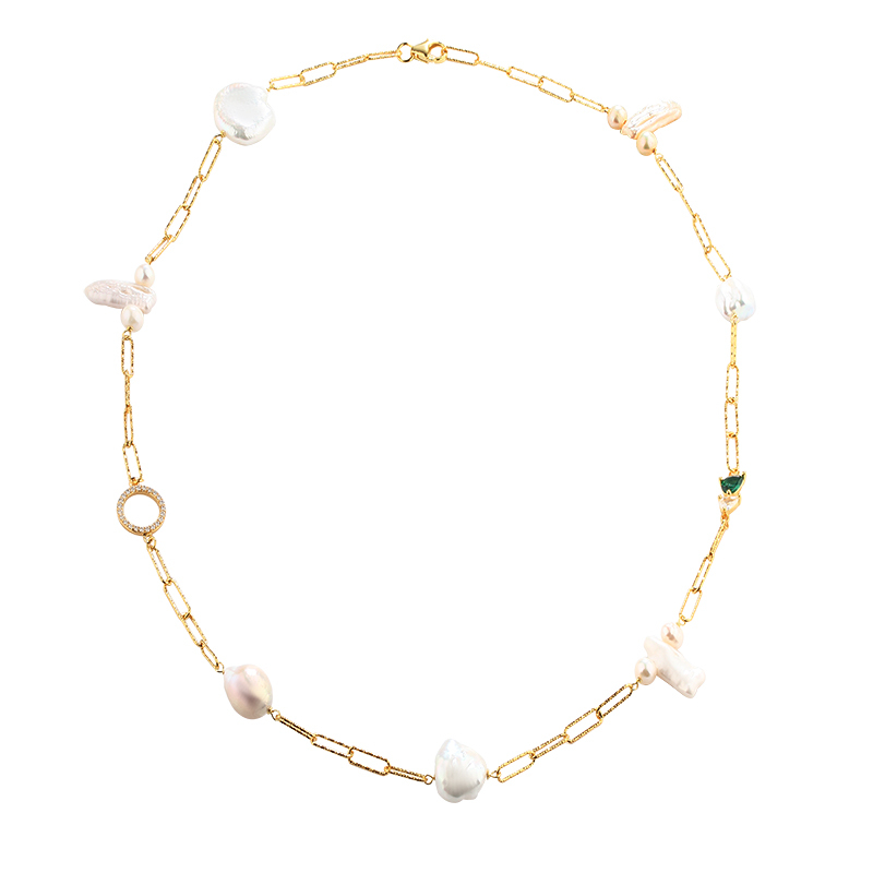 925 Sterling Silver Hammer Link Chain Pearls Necklace