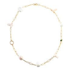 925 Sterling Silver Hammer Link Chain Pearls Necklace