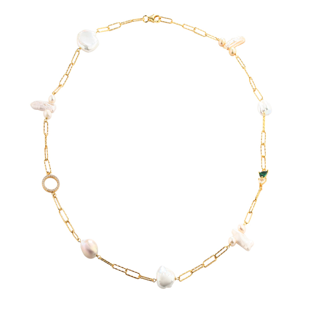 925 Sterling Silver Hammer Link Chain Pearls Necklace