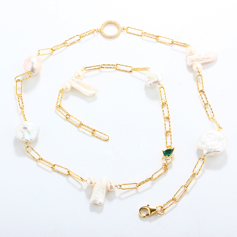 925 Sterling Silver Hammer Link Chain Pearls Necklace