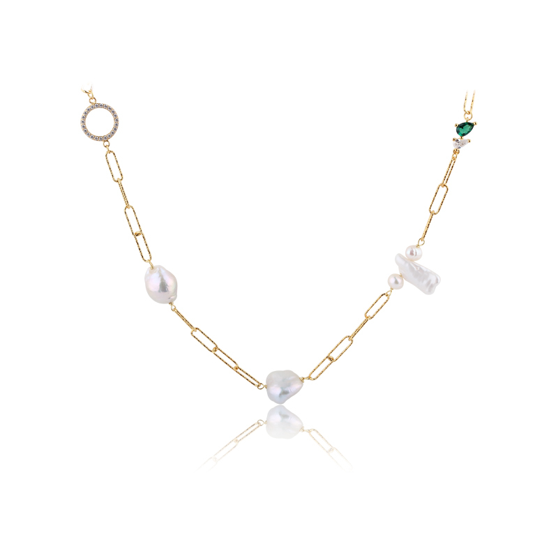 925 Sterling Silver Hammer Link Chain Pearls Necklace