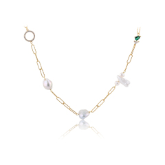 925 Sterling Silver Hammer Link Chain Pearls Necklace