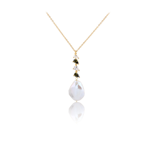 925 Sterling Silver Baroque and Pear CZ Pendant Necklace