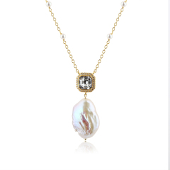 925 Sterling Silver Square Crystal And Baroque Necklace