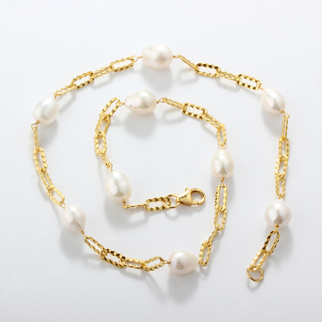 925 Sterling Silver Baroque Pearl Paperclip Chain Necklace