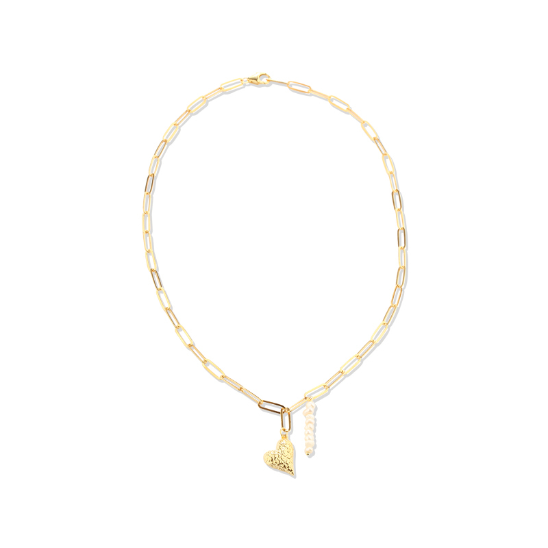 925 Sterling Silver Hammered Heart Pearl Paperclip Chain Necklace