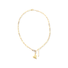 925 Sterling Silver Hammered Heart Pearl Paperclip Chain Necklace