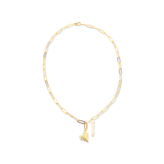 925 Sterling Silver Hammered Heart Pearl Paperclip Chain Necklace