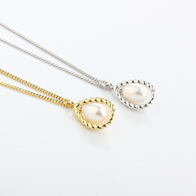 925 Sterling Silver 6*8 Pearl Twists Drop Necklace