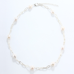 925 Sterling Silver Baroque Pearl With Brushed Paperclip Chain Necklace
