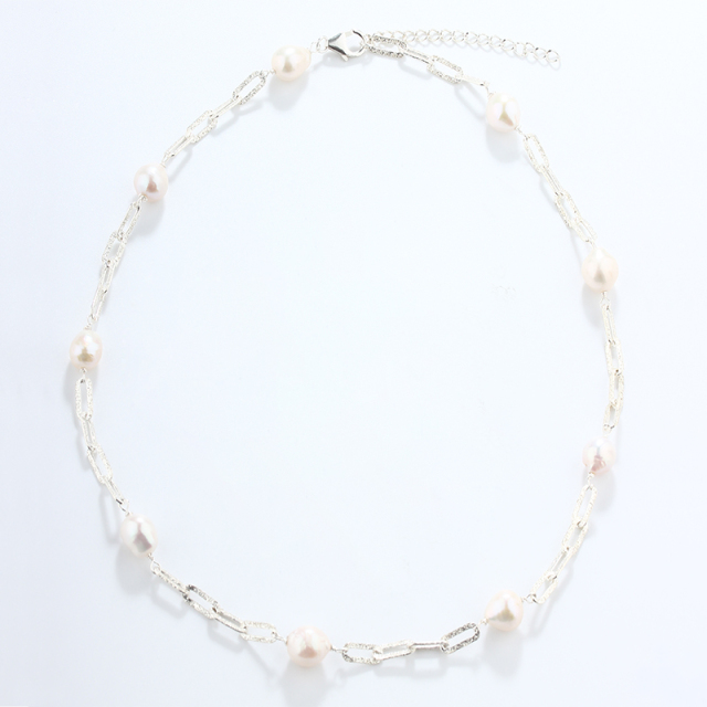 925 Sterling Silver Baroque Pearl With Brushed Paperclip Chain Necklace