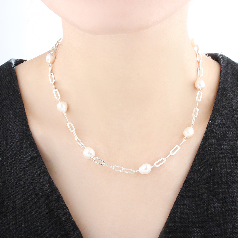 925 Sterling Silver Baroque Pearl With Brushed Paperclip Chain Necklace