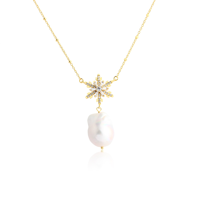925 Sterling Silver Baroque Pearl Snowflake Necklace
