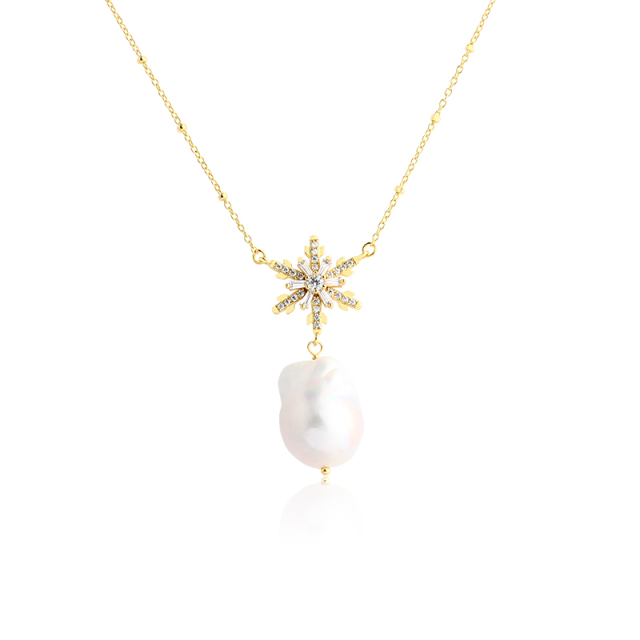 925 Sterling Silver Baroque Pearl Snowflake Necklace