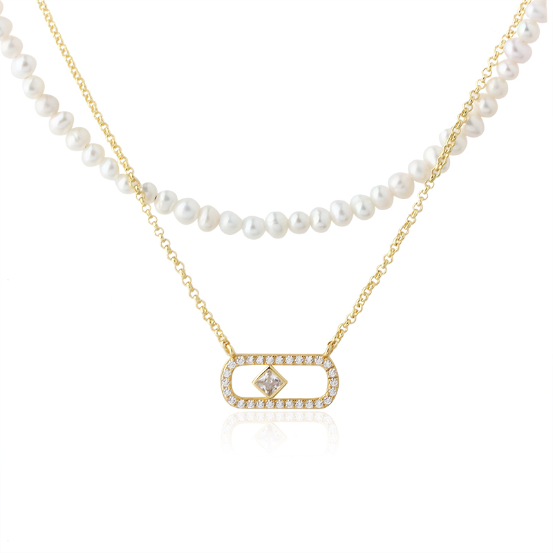 925 Sterling Silver Pearl And Square CZ Double-Layer Necklace