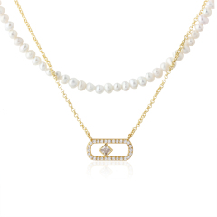 925 Sterling Silver Pearl And Square CZ Double-Layer Necklace