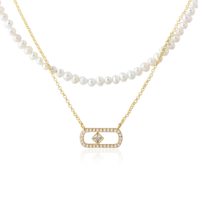 925 Sterling Silver Pearl And Square CZ Double-Layer Necklace