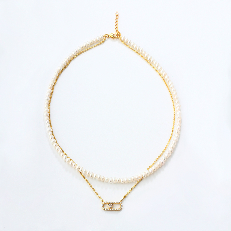 925 Sterling Silver Pearl And Square CZ Double-Layer Necklace