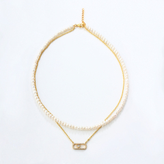 925 Sterling Silver Pearl And Square CZ Double-Layer Necklace