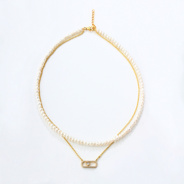 925 Sterling Silver Pearl And Square CZ Double-Layer Necklace