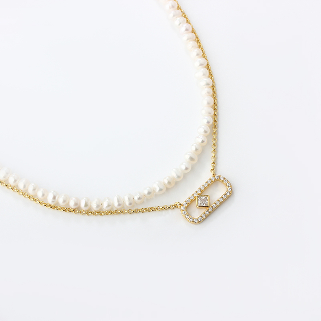 925 Sterling Silver Pearl And Square CZ Double-Layer Necklace