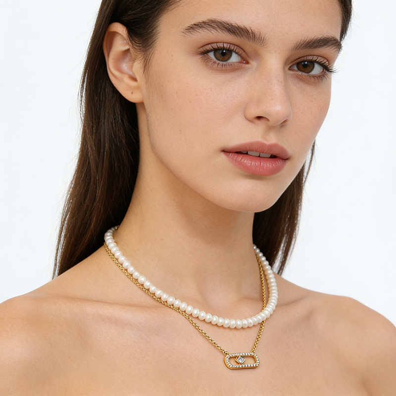 925 Sterling Silver Pearl And Square CZ Double-Layer Necklace