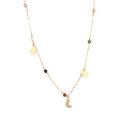925 Sterling Silver Colorful Gemstone Pearl Shiny Moon Star Charm Necklace