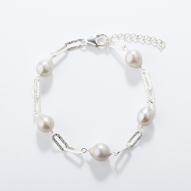 925 Sterling Silver Baroque Pearl with Brushed Paperclip Chain Bracelet