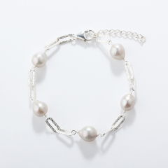 925 Sterling Silver Baroque Pearl with Brushed Paperclip Chain Bracelet