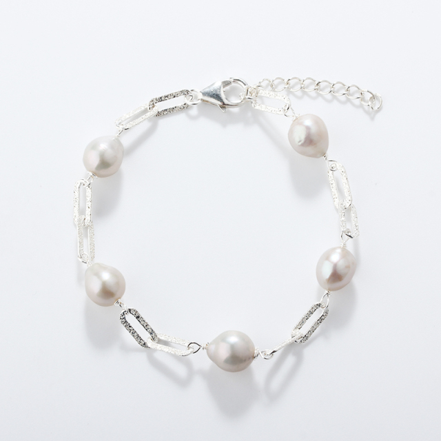 925 Sterling Silver Baroque Pearl with Brushed Paperclip Chain Bracelet
