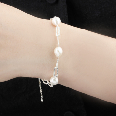 925 Sterling Silver Baroque Pearl with Brushed Paperclip Chain Bracelet