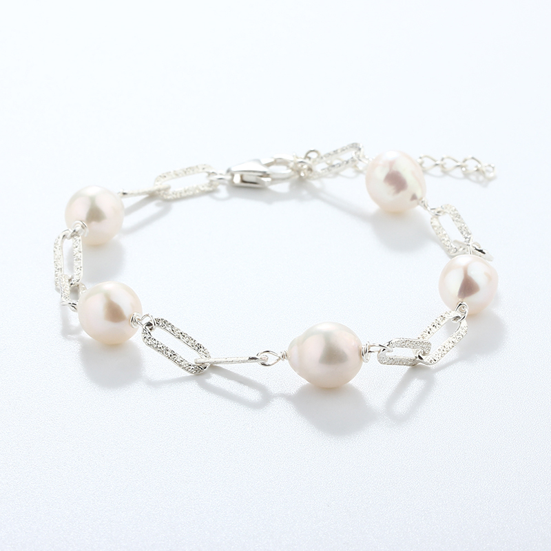 925 Sterling Silver Baroque Pearl with Brushed Paperclip Chain Bracelet