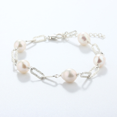 925 Sterling Silver Baroque Pearl with Brushed Paperclip Chain Bracelet