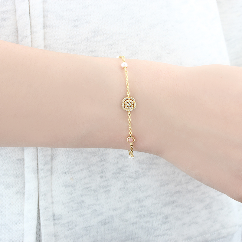 925 Sterling Silver Flower and Pearl Bracelet