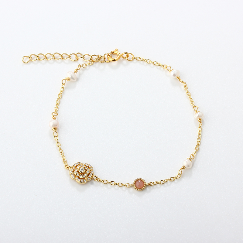 925 Sterling Silver Flower and Pearl Bracelet