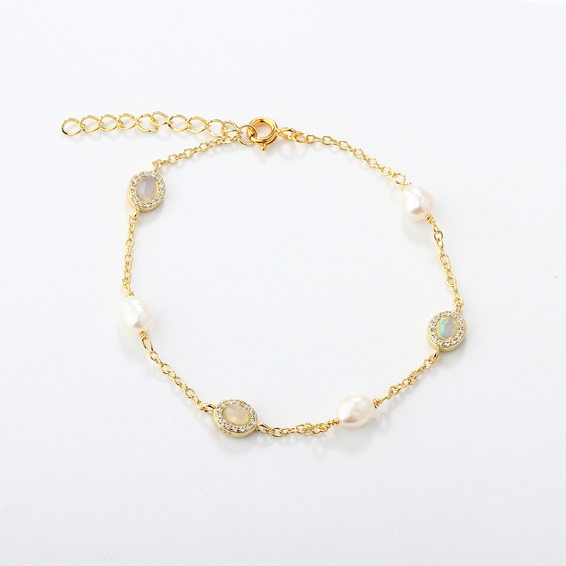 925 Sterling Silver Pearl and Opal Bracelet