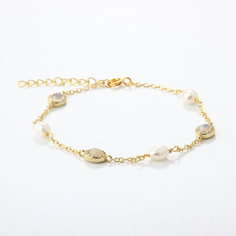 925 Sterling Silver Pearl and Opal Bracelet