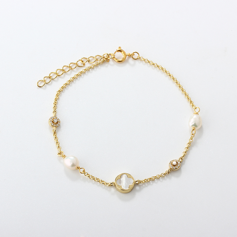 925 Sterling Silver Clover Pearl Bracelet