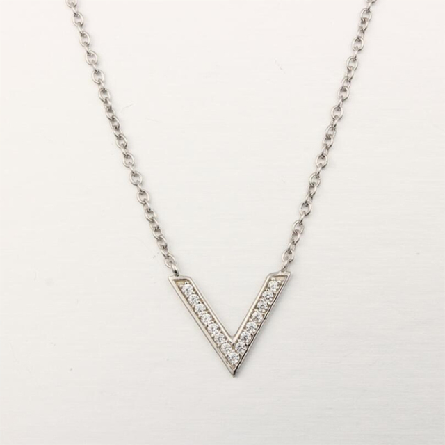 925 Sterling Silver V-Shaped Pendant Necklace with Cubic Zirconia