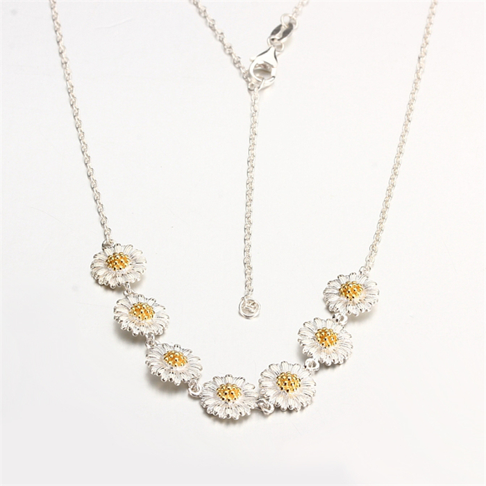 925 Sterling Silver Daisy Station Necklace with Adjustable Extender Chain
