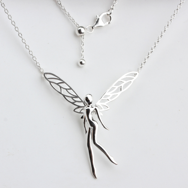 925 Sterling Silver Adjustable Fairy Pendant Necklace with Openwork Wings
