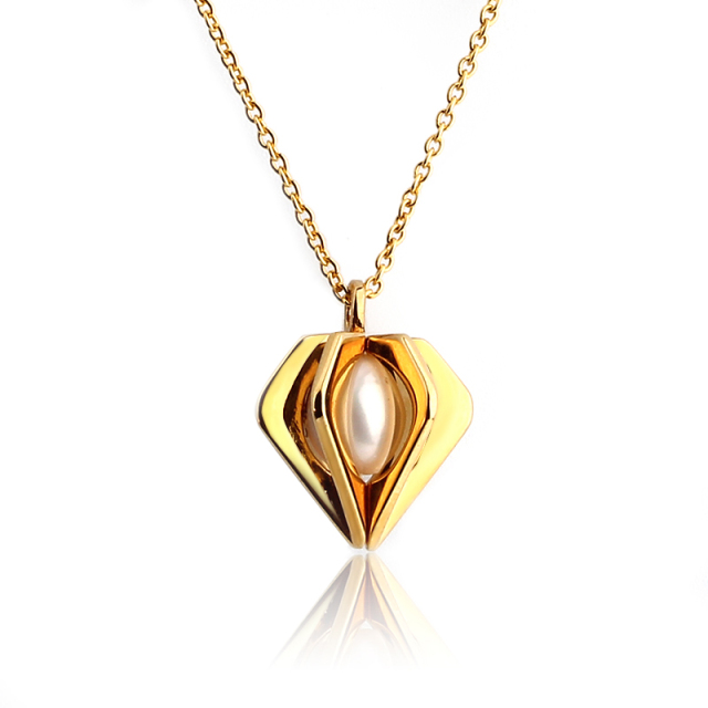 925 Sterling Silver Gold Diamond-Shaped Locket Pendant Necklace with Freshwater Pearl