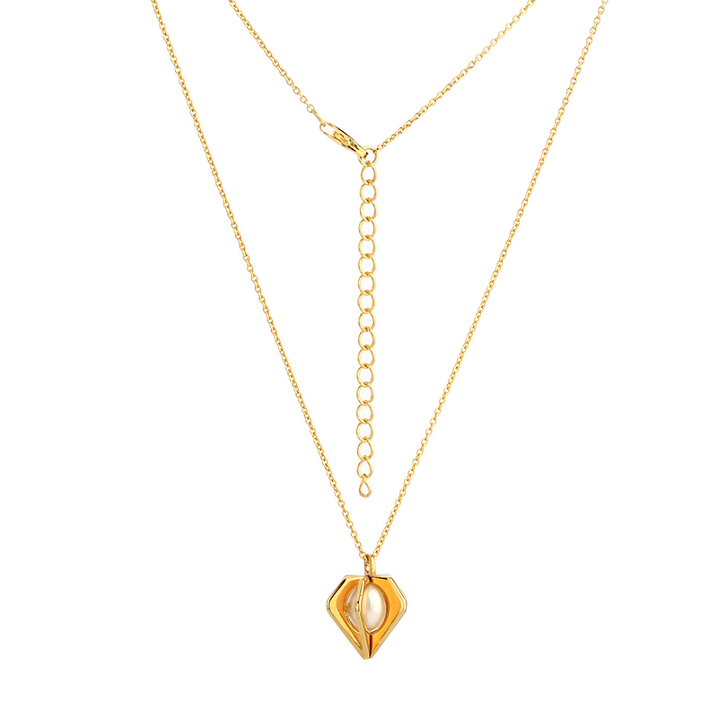 925 Sterling Silver Gold Diamond-Shaped Locket Pendant Necklace with Freshwater Pearl