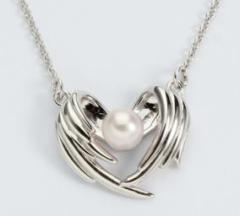 925 Sterling Silver Angel Wings Pendant Necklace with Freshwater Pearl Accent