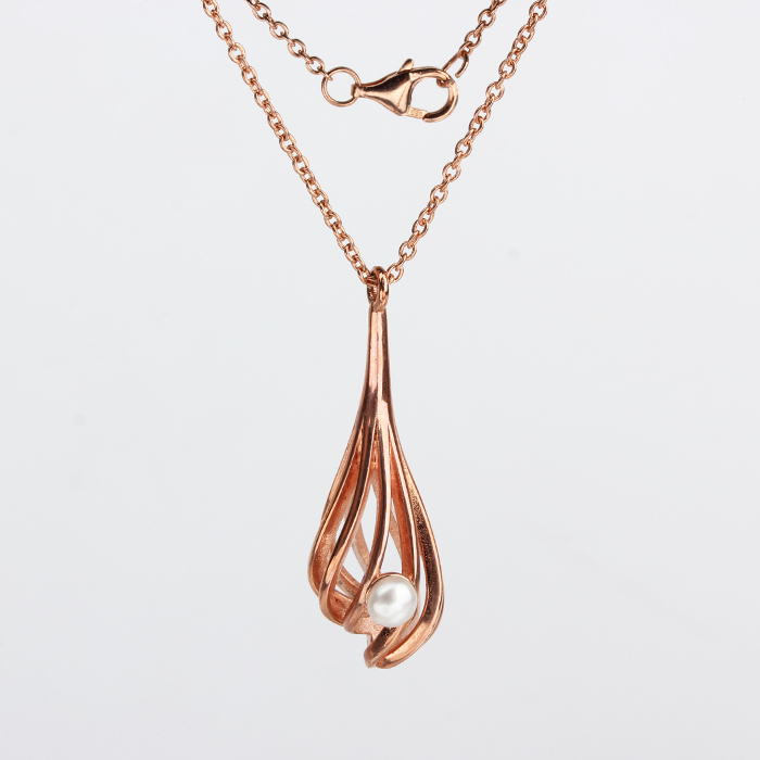 925 Sterling Silver Rose Gold Openwork Teardrop Pendant Necklace with Freshwater Pearl