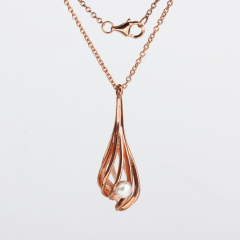 925 Sterling Silver Rose Gold Openwork Teardrop Pendant Necklace with Freshwater Pearl
