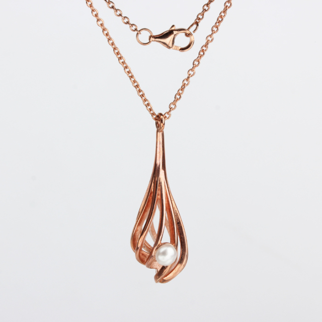 925 Sterling Silver Rose Gold Openwork Teardrop Pendant Necklace with Freshwater Pearl