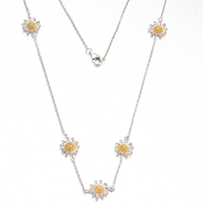 925 Sterling Silver Daisy Station Chain Necklace with Gold Accents