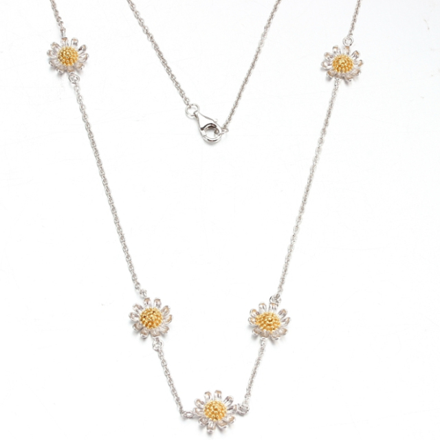925 Sterling Silver Daisy Station Chain Necklace with Gold Accents